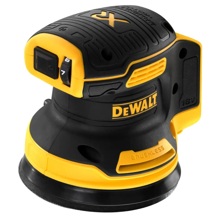 Must-kollane DeWalt lihvmasin, harjadeta tehnoloogia.