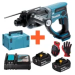 Makita tööriistakomplekt: puurvasar, laadija, akud, kindad, kohver.