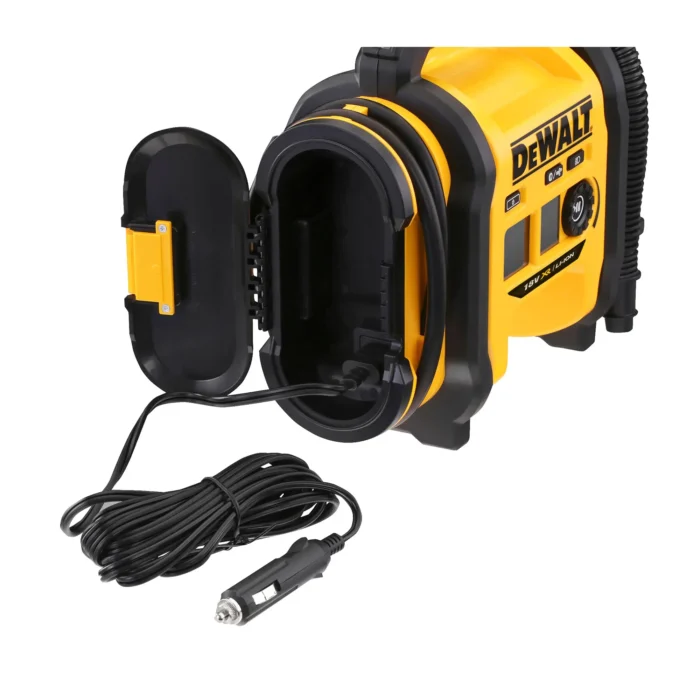 Kollane akutoitel DeWalt tolmuimeja koos juhtmega.