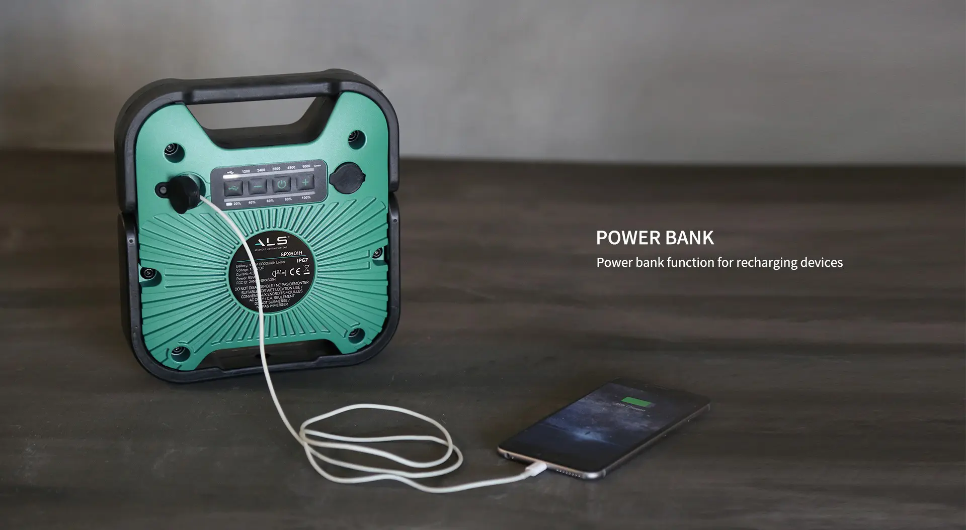 SPX601H-akupangana Seadmeid laadiv roheline väline aku.