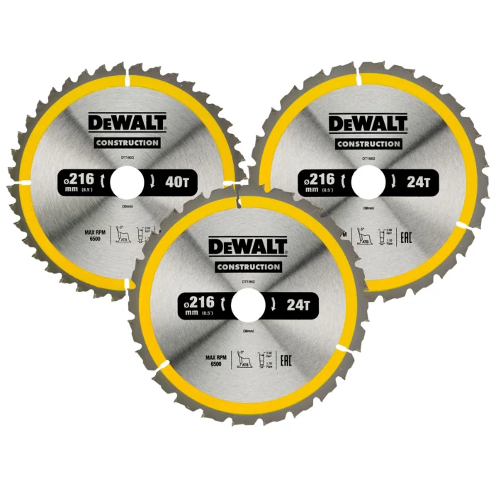 Kolm saeketta DeWalt 216 mm ehituseks.