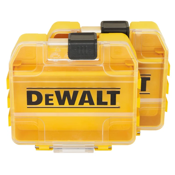 Kollane DeWalt tööriistakast läbipaistva kaanega