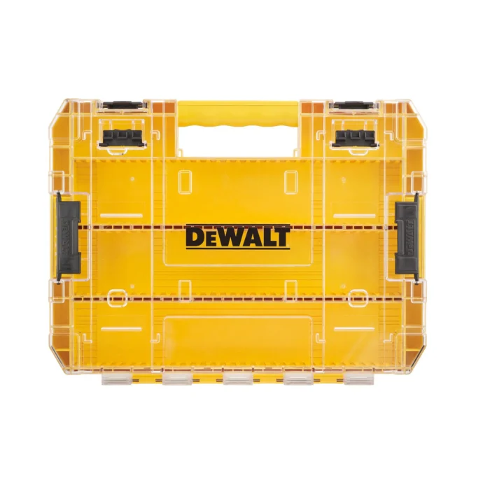 Kollane DeWalt tööriistakast läbipaistev kaanega