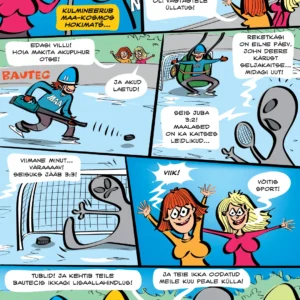 Villu ja sõbrad mängivad hokit jääväljakul.