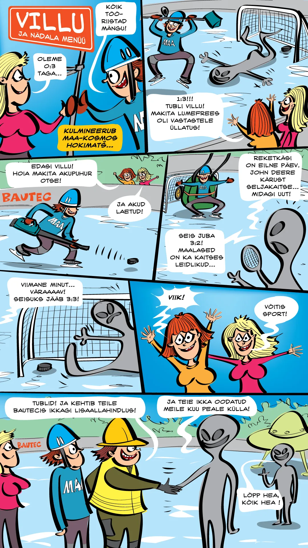 Villu ja sõbrad mängivad hokit jääväljakul.