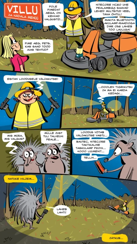 Villu koomiks töövalgustite ja siilidega metsas