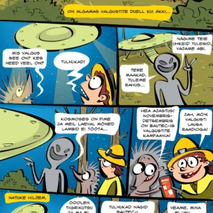 Koomiks Villu kohtub tulnukatega metsas öösel.